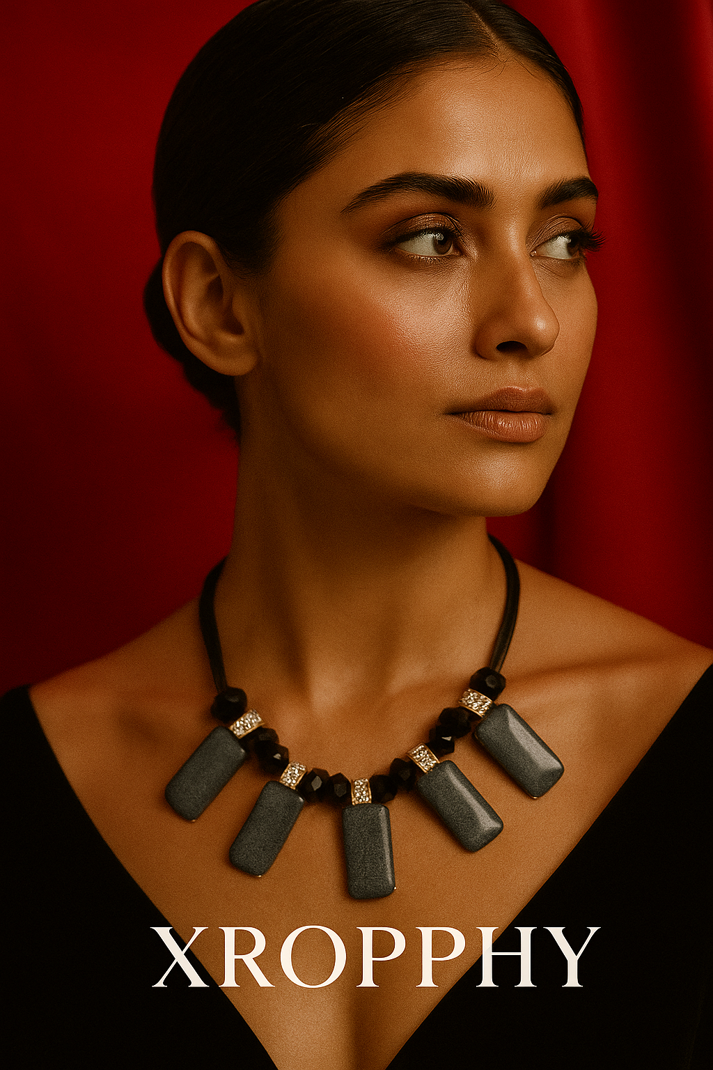 Xroophy Black Beads & Pearl Drop Necklace for Women