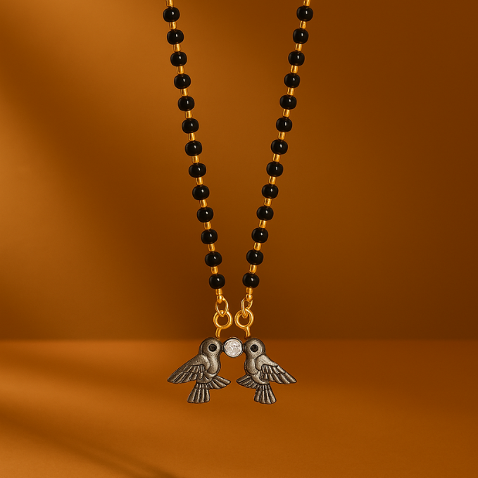 Heritage Black Beaded Chain with Twin Bird Pendant & Crystal Accents