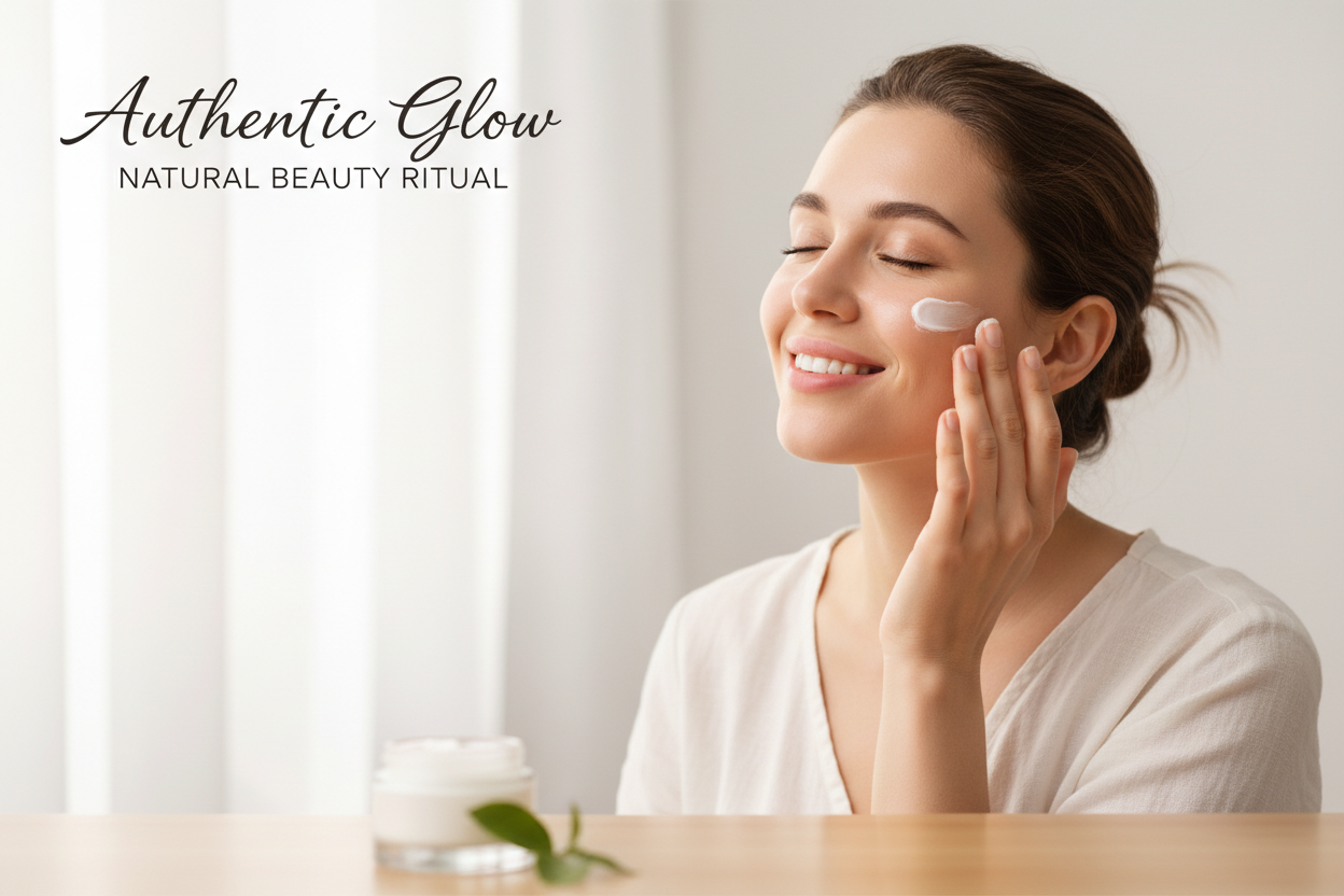 Create a most genuine beauty banner where a female is showing using cream on her face .